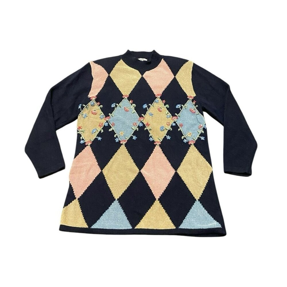 Vintage Women’s Koret Argyle Sweater Floral Navy Pink‎ Medium